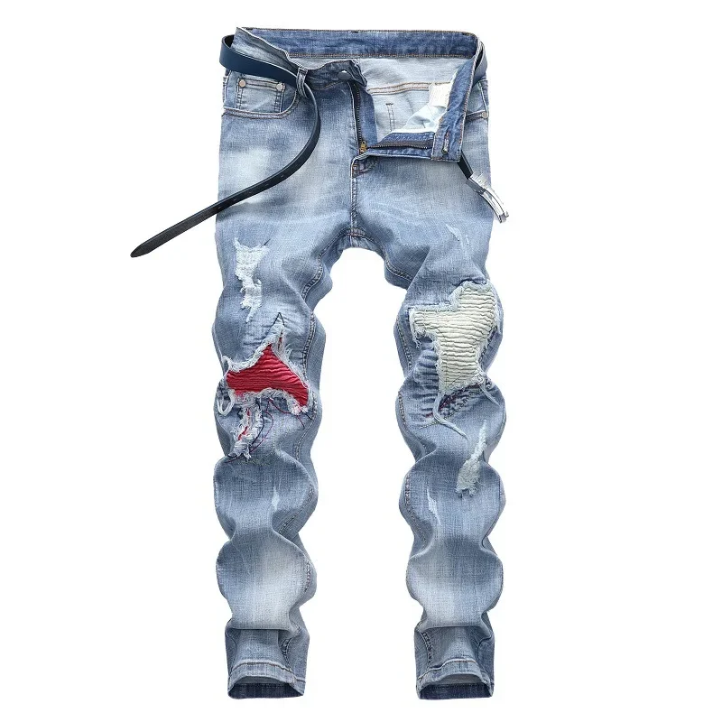 

Pop New Men's Personalized Ripped Jeans Light Blue Streetwear Stretch Straight Slim Fit Casual Denim Trousers Male