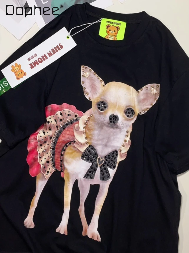 Fashion Cartoon Dog Print Round Neck Top 2024 Spring and Summer New Fashion Brand Street Short Sleeve T-shirt Women Clothes