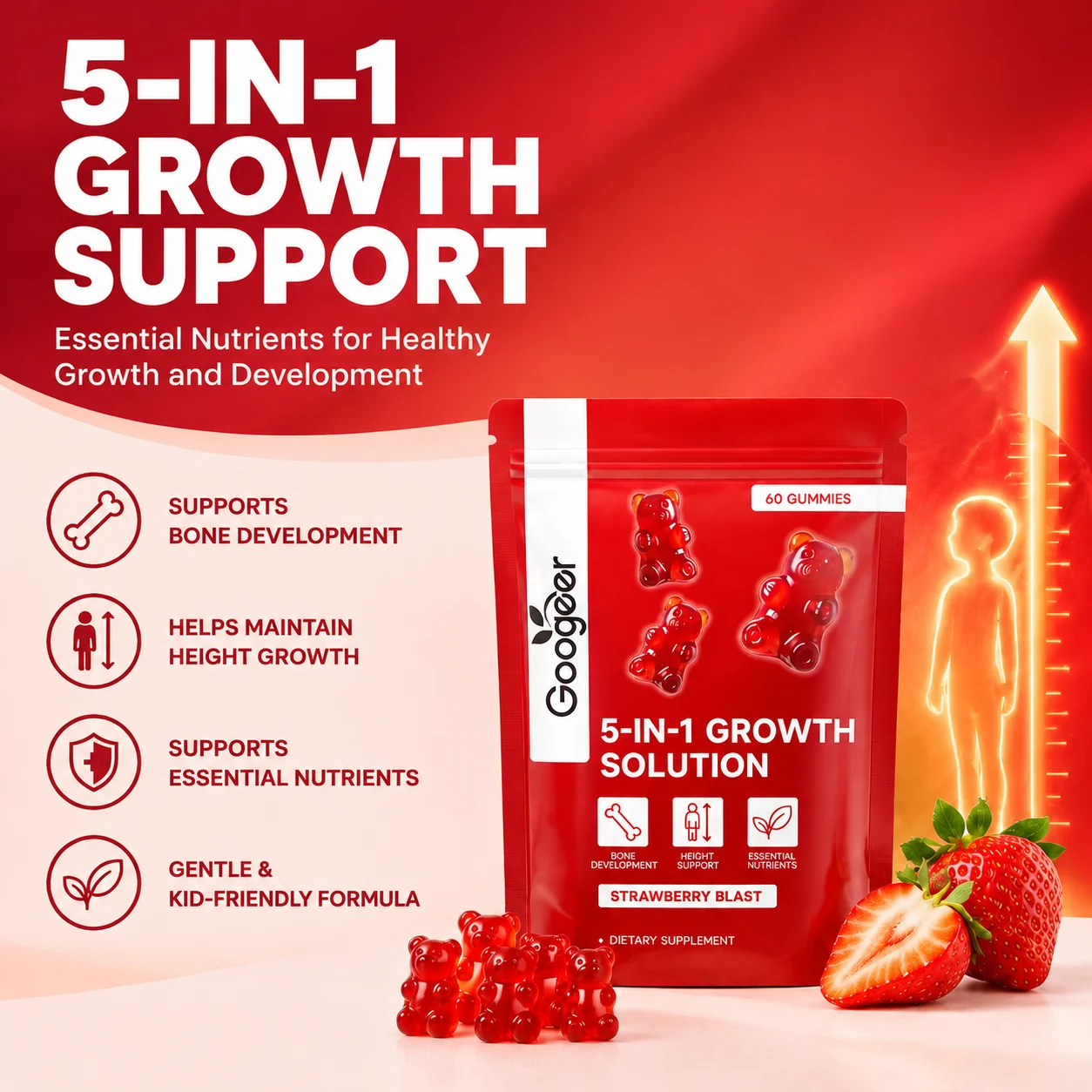5-in-1 Bone Growth Gummies Bone Development Height Support Essential Nutrients with Calcium 60pcs Strawberry Flavor for Kids