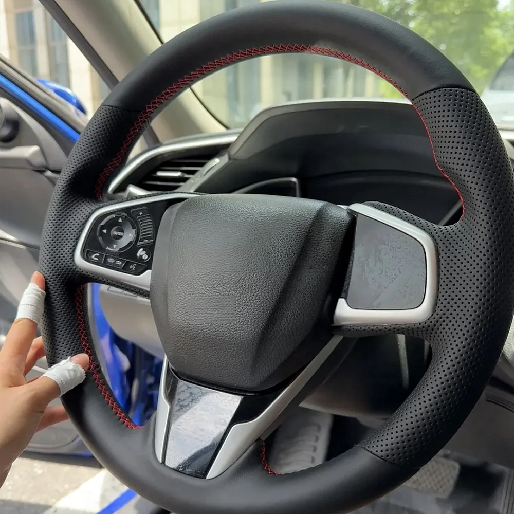 Custom Car Steering Wheel Braid Cover Hand Sewn Black Leather For Honda Civic 10 CR-V CRV Clarity 2016-2021 Car Accessories