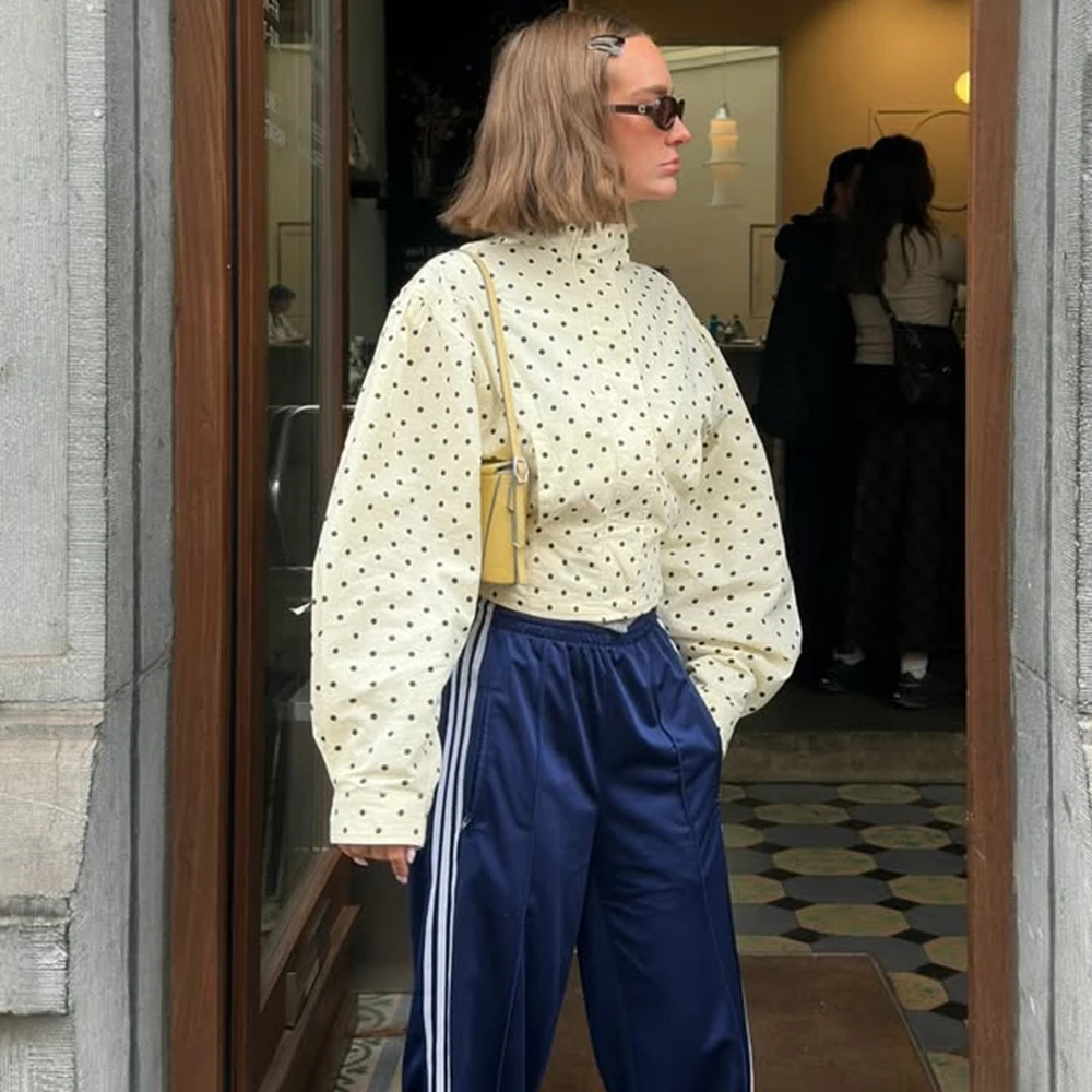 Ticketsx Polka Dot Stand Neck Short Jackets Women Fashion Long Sleeve Patchwork Contrast Slim Coats Casual Lady Street Outerwear