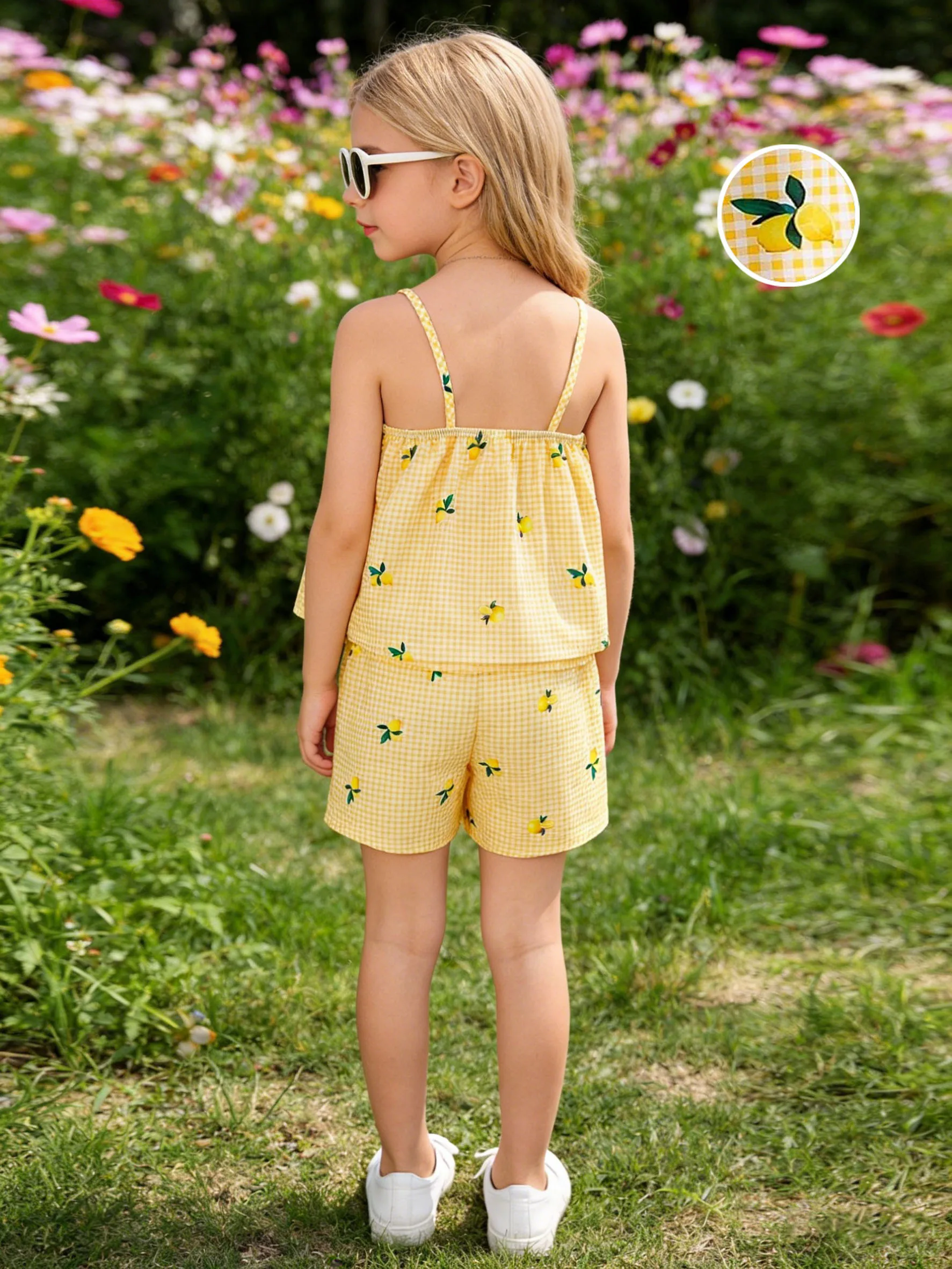 Girls' Summer 2-Piece Set: A Must-Have for Little Cuties—Lemon-Yellow Plaid Print Top & Shorts Duo. Sunny Girl Style: Yellow Dit
