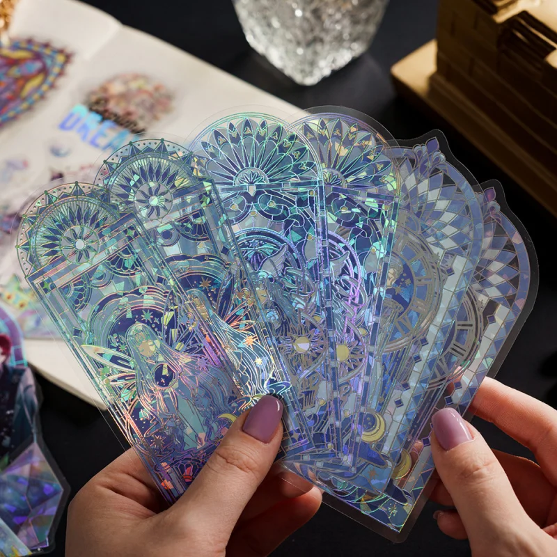 ملصقات نافذة من الزجاج الملون اللامع بالليزر مكونة من 6 قطع، أنماط فلاش قزحية الألوان مثالية لتخطيطات حساب اليد وسجلات القصاصات #4