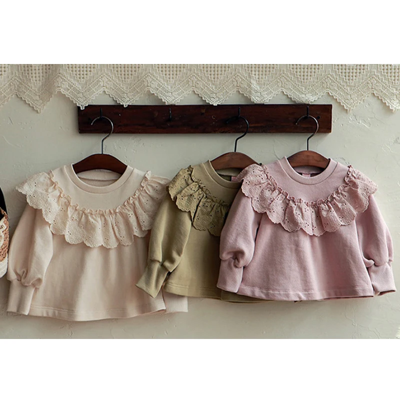 Vintage Girls Lace Sweet Long-Sleeved Short Sweater Spring And Autumn New Casual Loose Round Neck Children\'s Sweatshirts