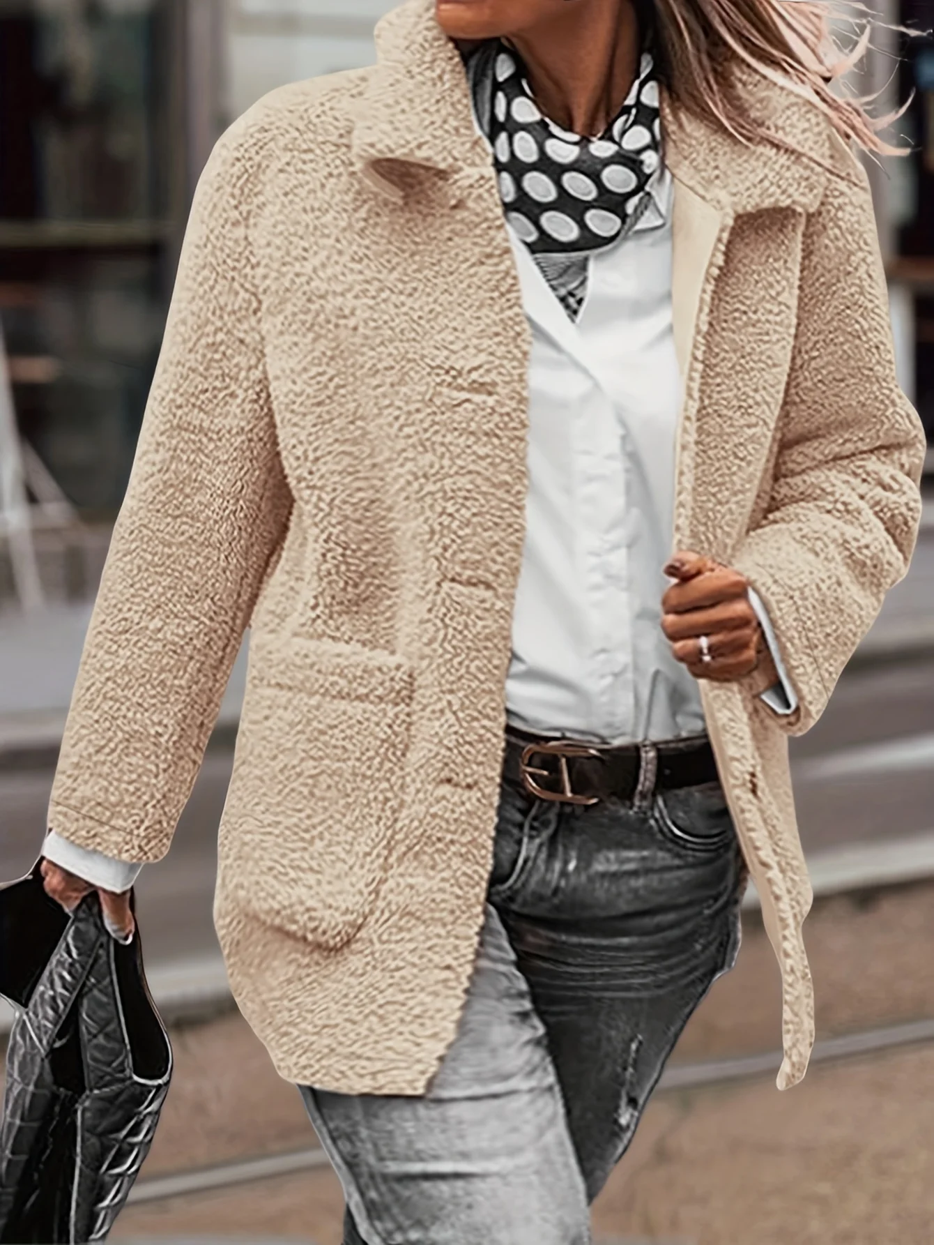 

Plus Size Beige Teddy Fleece Open Front Jacket with Lapel Collar
