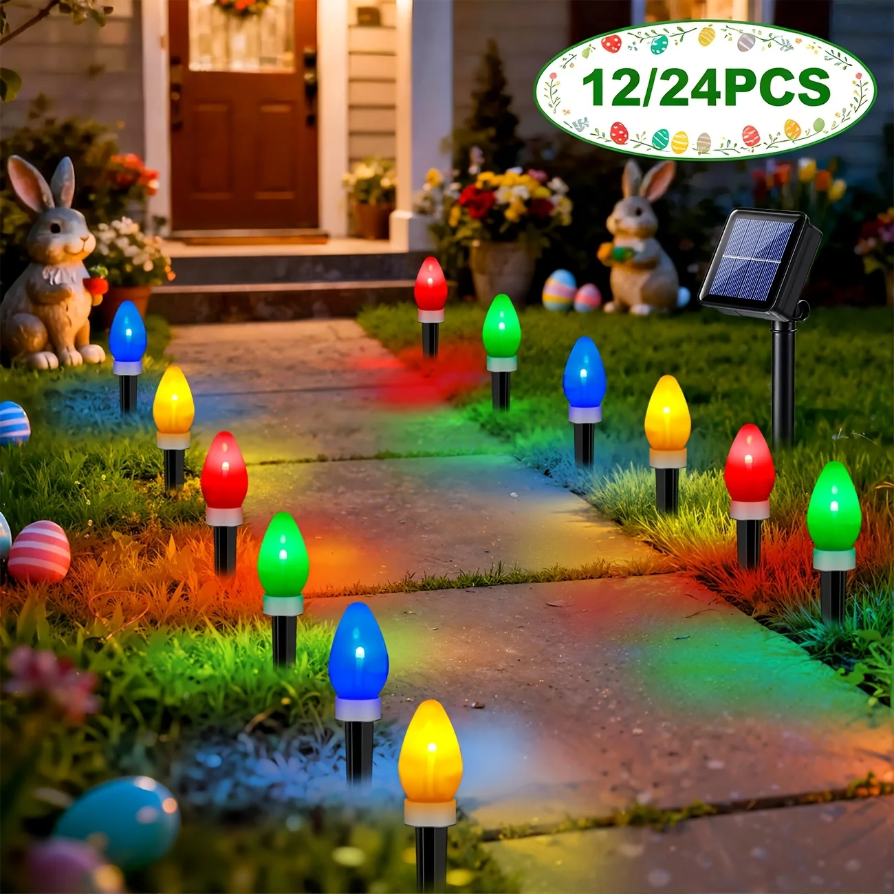 

(12/24pcs) Easter Solar C9 Stake Lawn Lights, Festive Outdoor Pathway Decorative Lights, Equipped with 8 Dynamic Lighting Modes, Energy-efficient LED Light Sources, IP44, Suitable for Lawns, Patios, Gardens, Yards And Pathway Landscaping