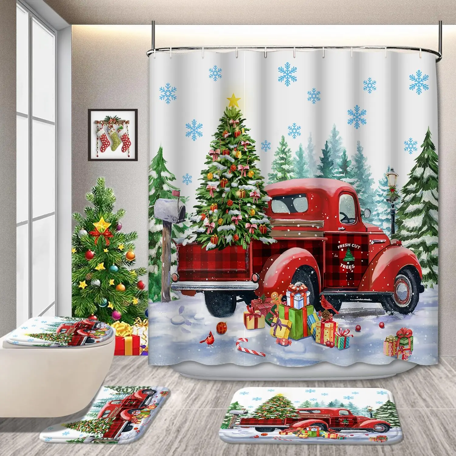 

Christmas Bathroom Decor Set with Red Truck & Tree – 4-Piece Holiday Bathroom Set with Shower Curtain, Toilet Lid Cover,