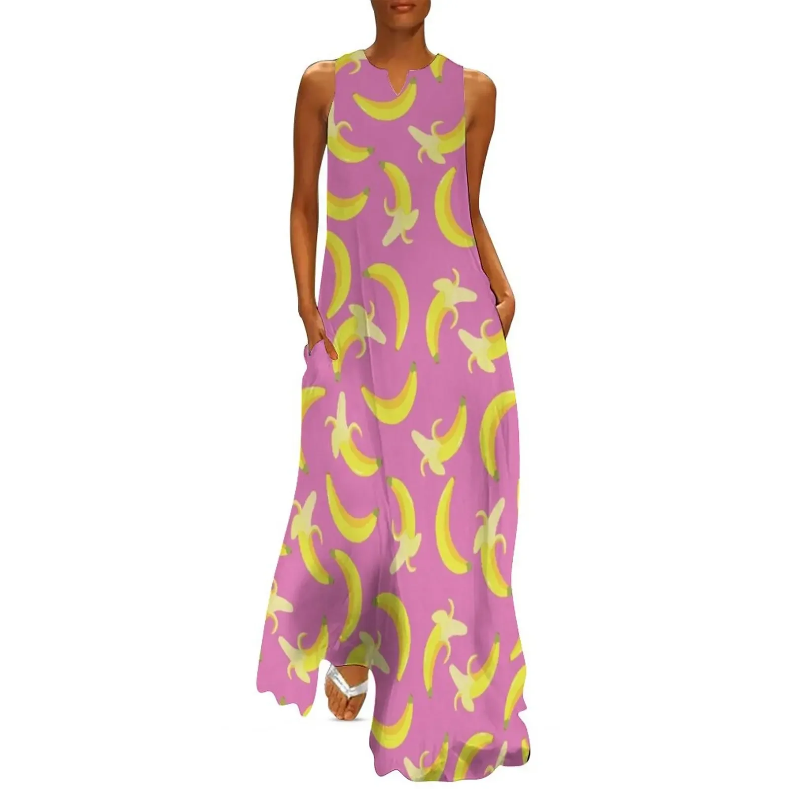 

Yellow Banana Pattern on Pink Background Long Dress women dress bandage dress