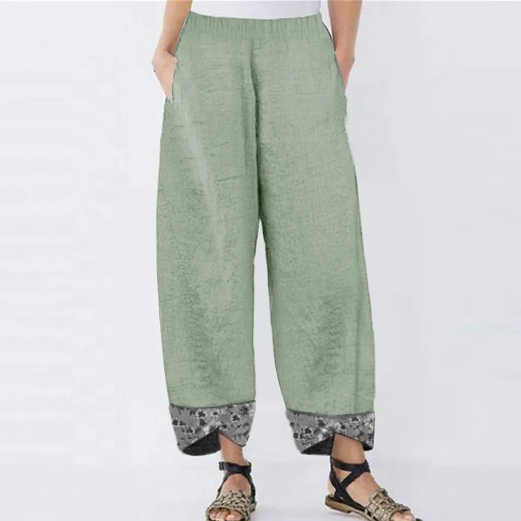 

Summer Cotton Patchwork Casual Pants Women Solid Irregular Loose Trousers Vintage Wide Leg Elastic Waist Capri Pants Beach Pants