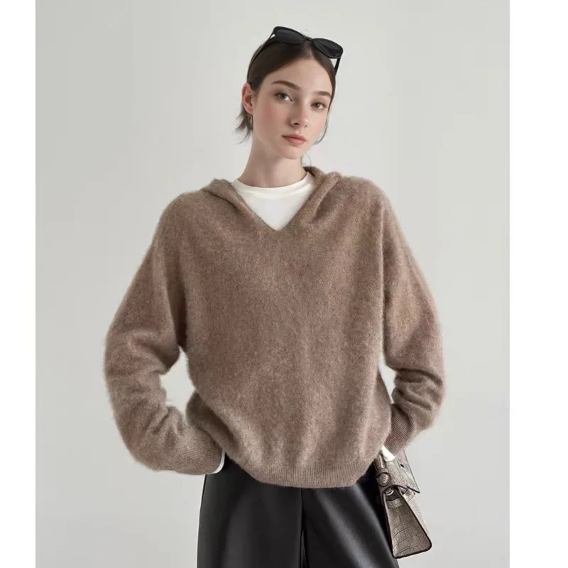 

Женский флисовый свитер с капюшоном из начеса, осенне-зимние свободные однотонные вязаные пуловеры с v-образным вырезом