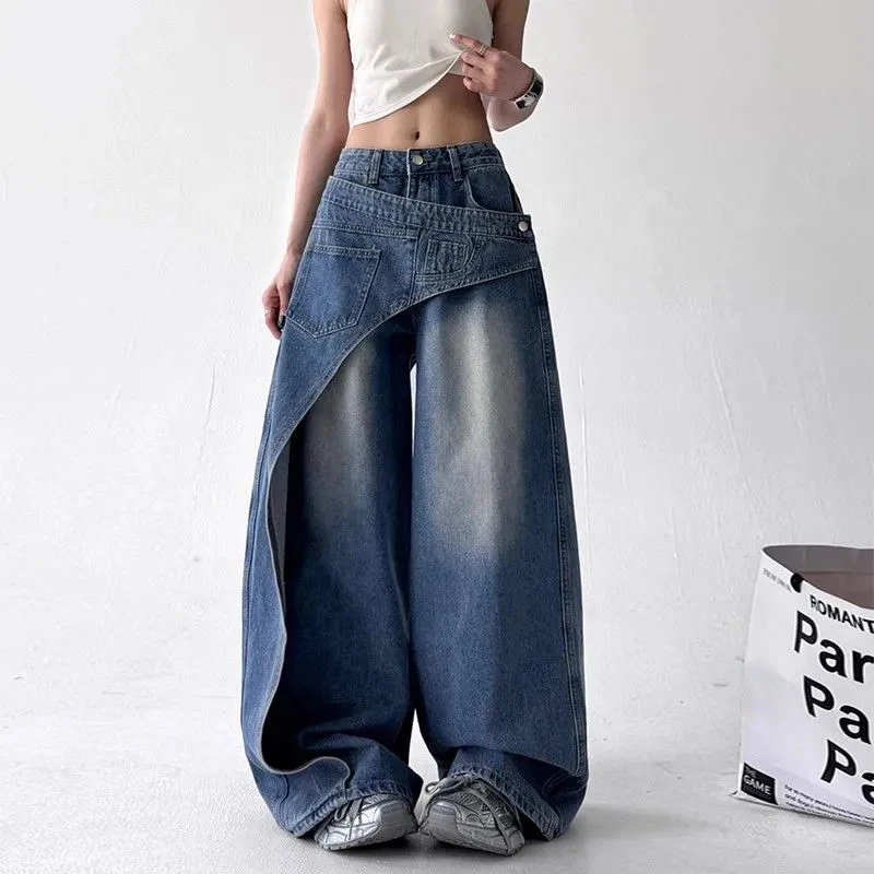 Y2K Fashion Irregular Patchwork Jeans Women Korean Chic Streetwear Hip Hop Straight Trousers Bf High Waist Casual Denim