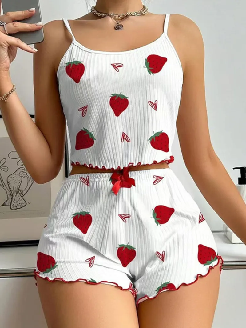 

Комплекты из топа и шорт в рубчик с белым клубничным принтом, повседневная одежда для сна с рюшами и отделкой с милым сердечком и бантом, комплекты с шортами 9QMM
