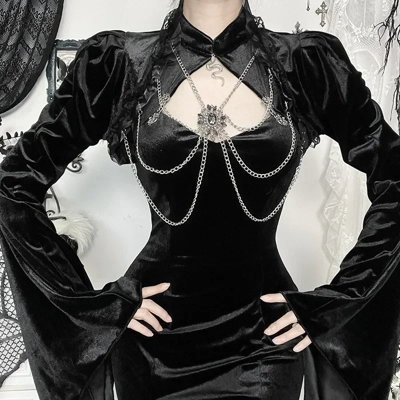 Goth Black Flare Sleeve Lace Up Crop Shrug Tops Elegant Velvet Chain Short Smock Coats Mall Gothic Women Slim Blouse Streetwear