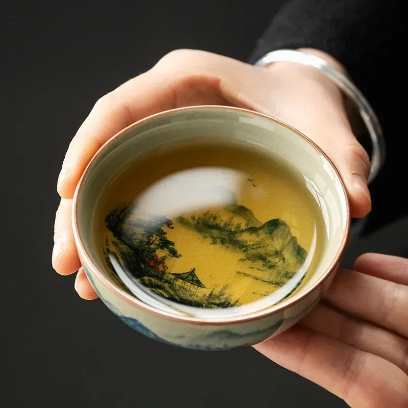 

Hand Painted Pu er Bowl Cup Chinese Antique Landscape Pottery Jingdezheng Cups Tea Cup Set Teaware Boat Mugs For Tea Ceremony