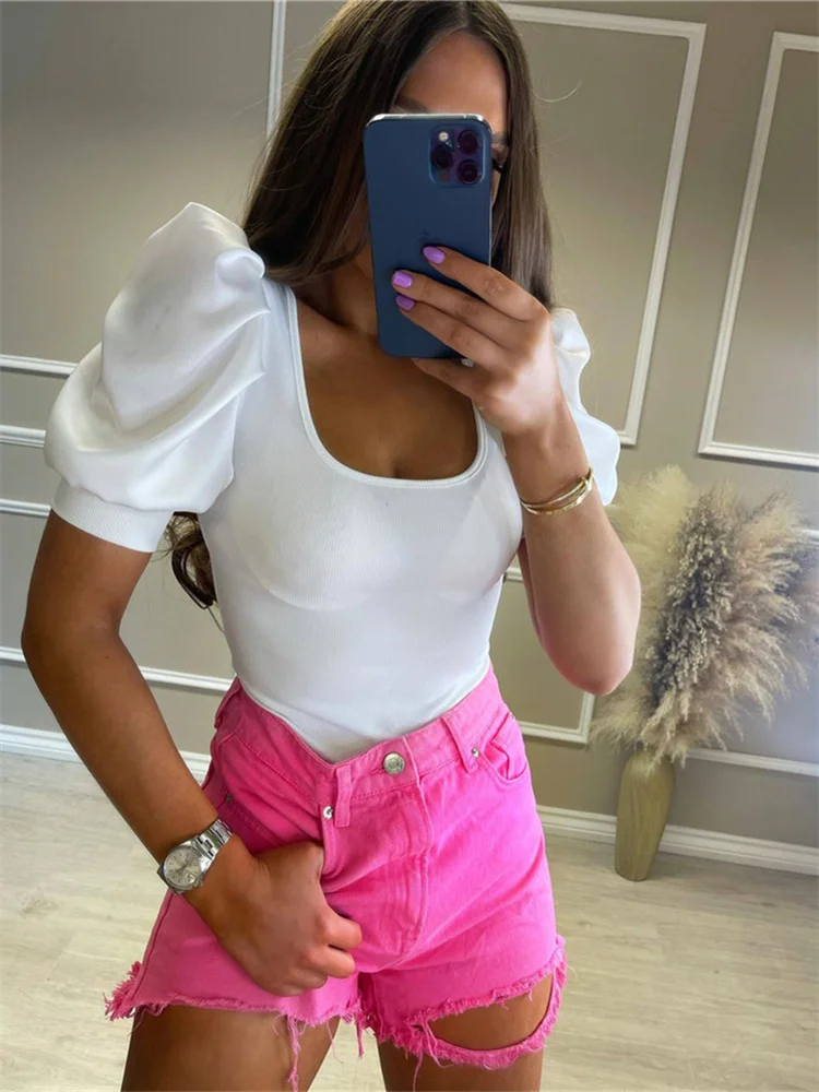 CHRONSTYLE Elegant Short Puff Sleeve T-shirts Tops Women Summer Square Collar Knitted Tees Shirts Solid Basic Ribbed Streetwear