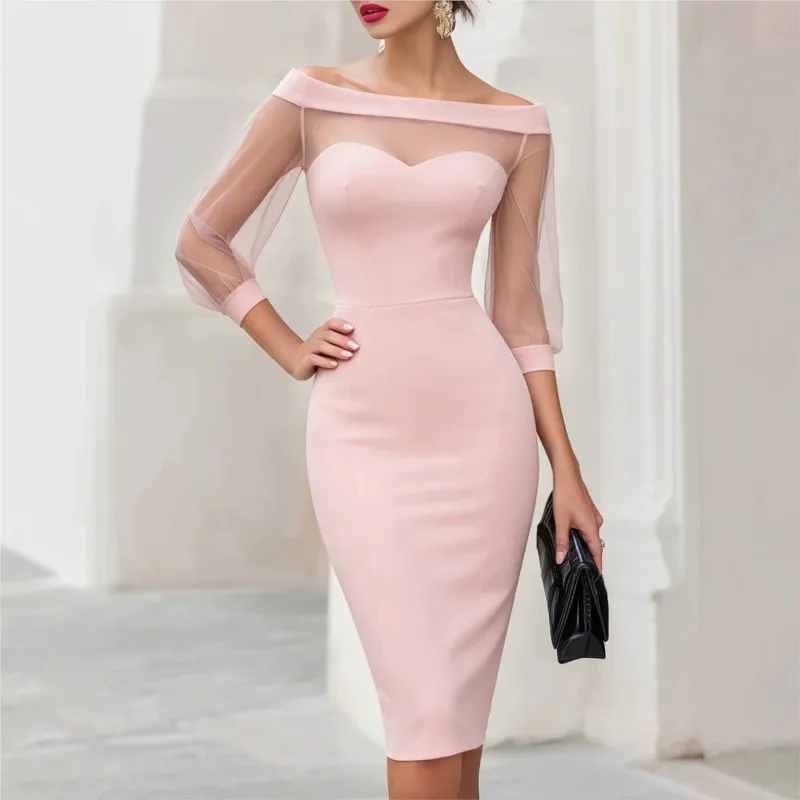 MsChuh Dresses For Ladies Vestido Women Casual Dress Simple Style Elegant Temperament Commuting Office One Line Neck Package Hip
