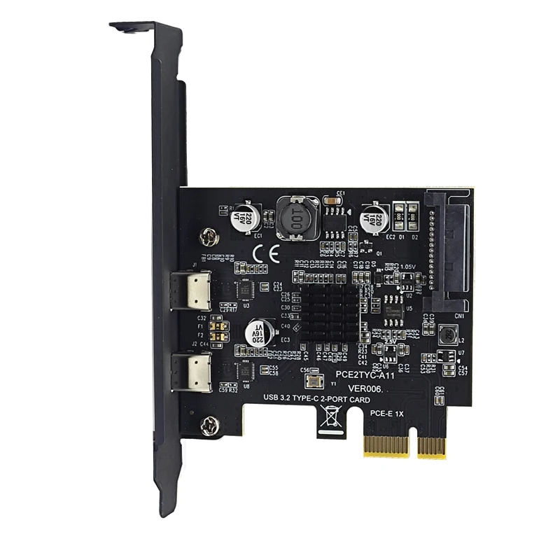 2Port TYPE-C PCIE Card PCI Express 3.0 X1 to Dual USB-C Expansion Card SATA Power USB3.2 Gen2 10Gbps ASM3142 Chip for Desktop PC