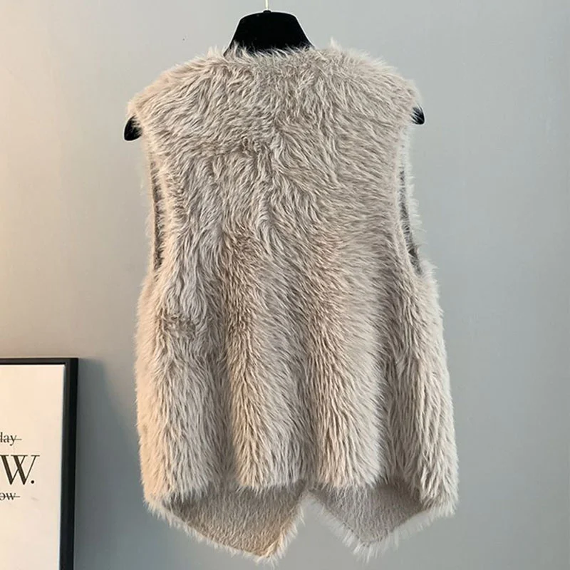 Spring Autumn Knitted Cardigan Vest New Imitation Mink Fleece Sweater Vest Coat Women's Tank Tops Loose Sleeveless Waistcoat