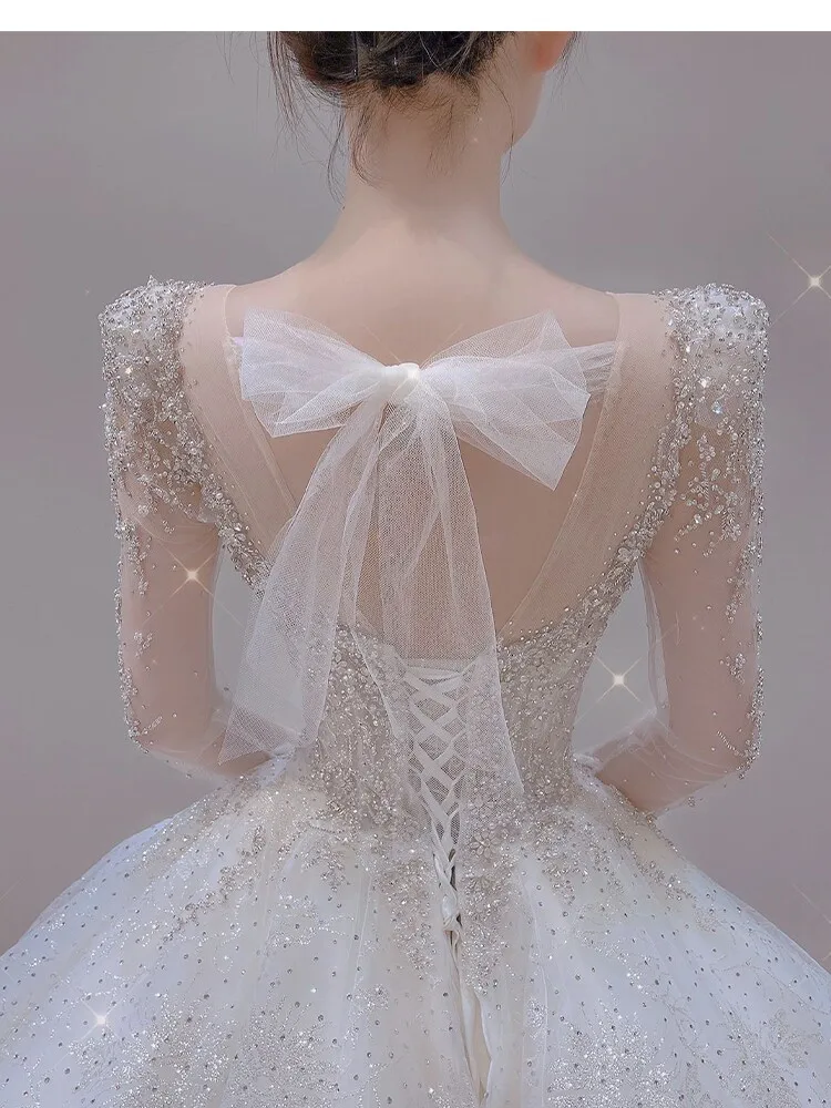 Sparkling Ball Gown Wedding Dress Illusion Long Sleeves Tulle with Beading Crystal Beads Bridal Gowns Lace-up Back