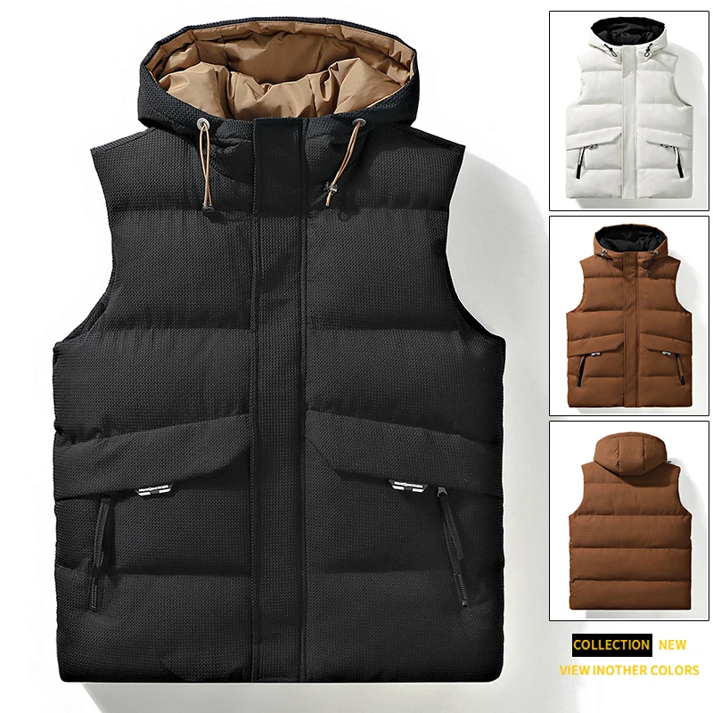 Winter Youth Men's Warm Black Hooded Vest Comfortable Large Pocket Zipper Design Workwear Style Polyester Nylon Composite Fib...