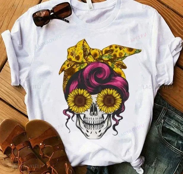 With Scarf Colorful Skull Head Print T Shirt Women Short Sleeve O Neck Loose Tshirt Women Causal Tee Shirt Tops Camisetas Mujer