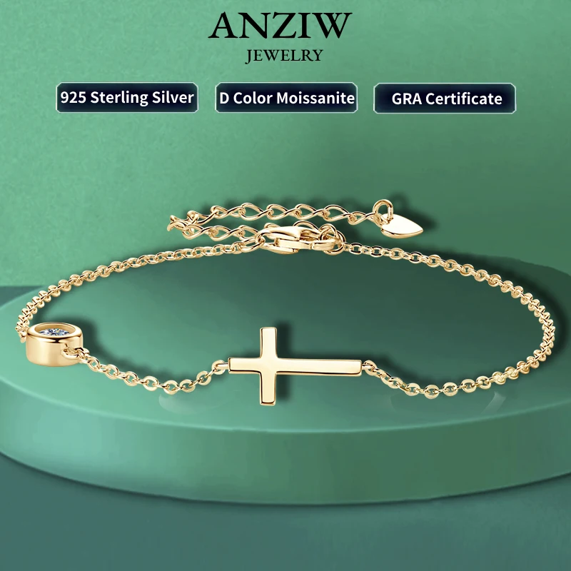 

Anziw 100% 925 Sterling Silver Cross Bracelet with 4mm Bezel Moissanite Diamond for Women Men Fine Jewelry Gift Adjustable Chain