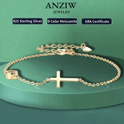 Anziw 100% 925 Sterling Silver Cross Bracelet with 4mm Bezel Moissanite Diamond for Women Men Fine Jewelry Gift Adjustable Chain
