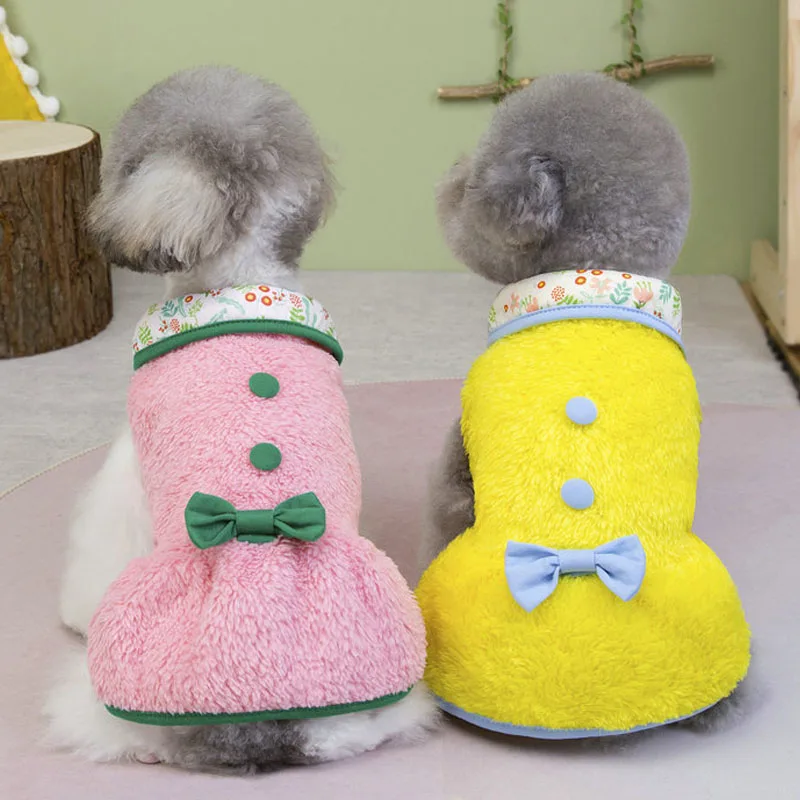

Floral Collar Dog Clothes Winter Bow Decor Fleece Dress Pet Clothing Costume Sleeveless Hoodie Dresses For Small Dogs Chihuahua