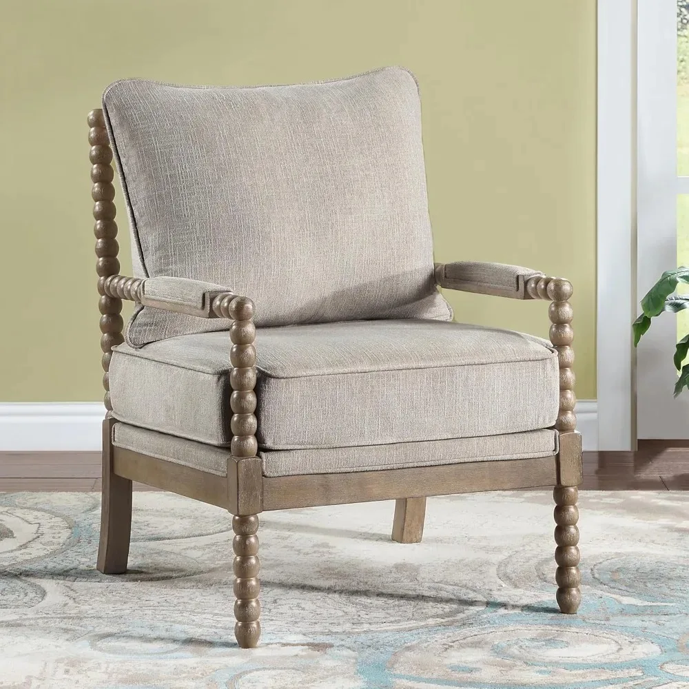 Linen Fabric Spindle Accent Chair With Wood Frame Furniture Home Living Room Individual Reclining Chair Chaise Lounge Deck-chair