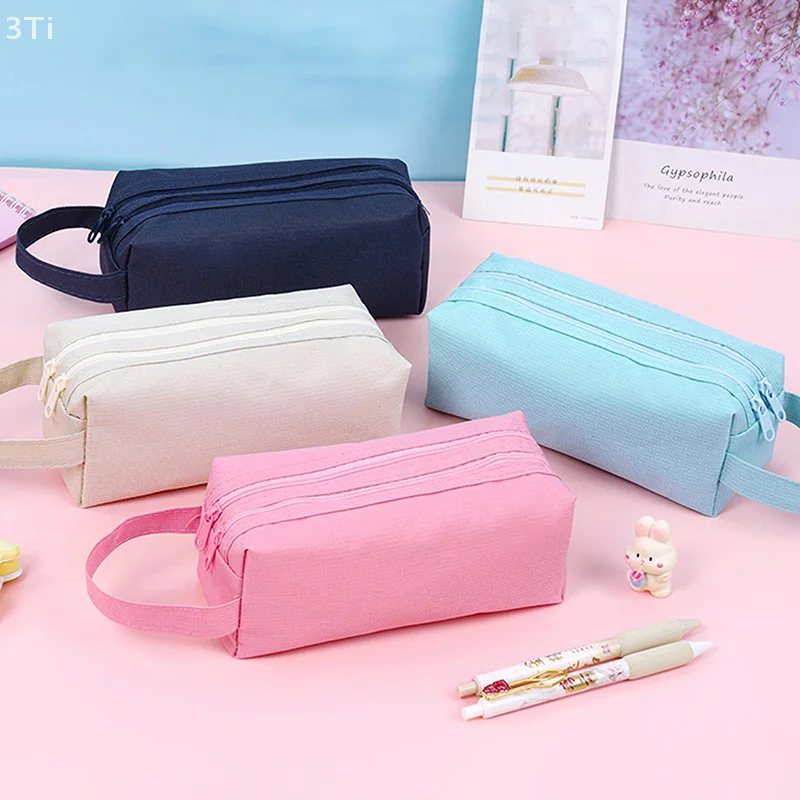 Органайзер для карандашей с двойной молнией; Однотонный футляр для школьных принадлежностей большой емкости