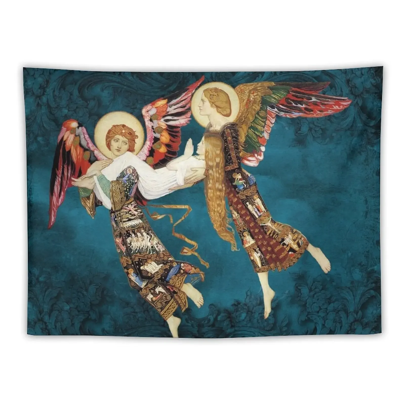 

St. Bridie - Carried by Angels. Celtic Angelic art. Tapestry Wall Hanging Decor Mushroom Room Decorating Aesthetic Tapestry