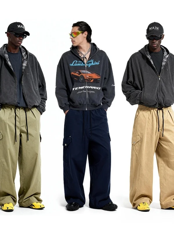 

American Street Sle Work Pants Men's Casual Loose Leggings Elastic Waist ket Design Autumn New Arrival Faionable Trousers