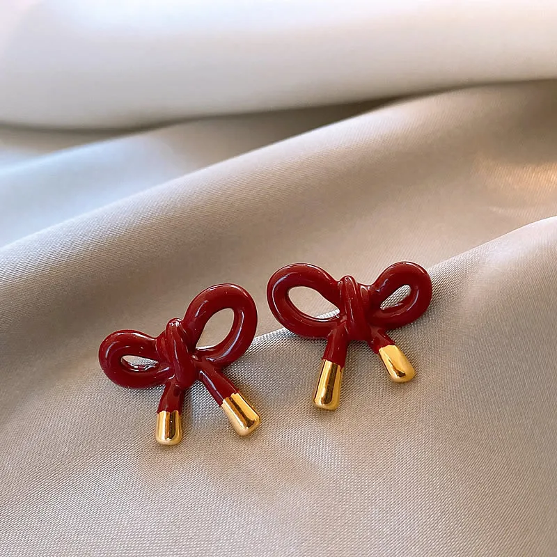 خمر قطرة النفط الأحمر Bowknot وأقراط للنساء الفتيات أزياء لطيف الحلو الأذن ثقب المجوهرات اكسسوارات هدايا