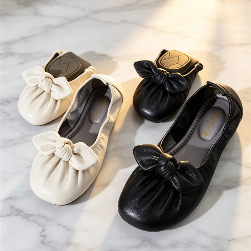Women Foldable Ballet Flats Bow Pleated Toe Soft Leather SlipOn Flat Shoes Portable RollUp Lightweight Daily Walking Ladies