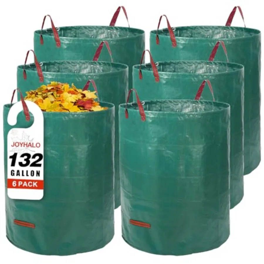 

Reusable Yard Waste Bags -132 Gallon, 6 Pack, Heavy Duty with Gardening Gloves and 4 Handles, Standable, Camping and Recycling