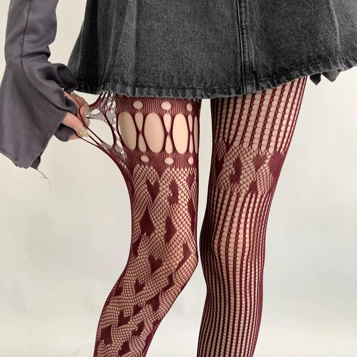 Square Asymmetric Fishnet Stockings Heart Hollowed-out Spliced Tights White Black Purple Red Grey Coffee Pantyhose Internet Cele