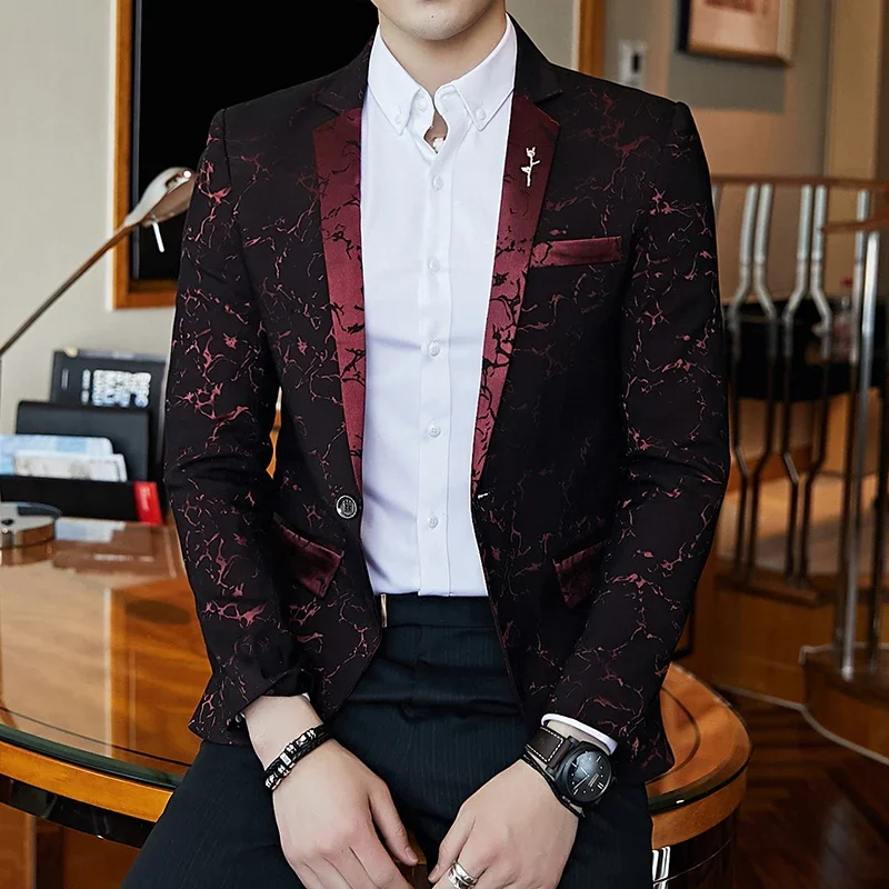 Fashion Men's Jacquard Contrast Collar Blazer Red Black Blue Sequin Slim Blazer Men's Club Prom Dress Tuxedo Suit Coat Jacket