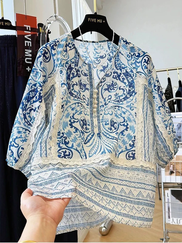 

Блузка с цветочным принтом и кружевной отделкой для полных женщин, комфортная свободная модель в корейском стиле, офисная одежда, летняя