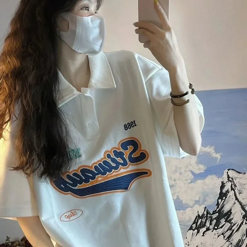 

DAYIFUN-Short-Sleeved T-shirts for Women Lapel Artistic Tops Loose Letter Student Korean Fashion Tee Summer New Tshirts for Lady