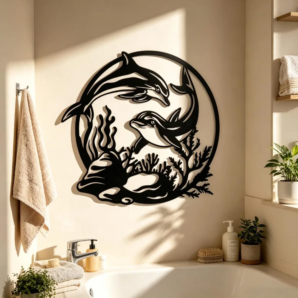 CIFBUY Dolphin Underwater Scene Metal Wall Art,Weatherproof Outdoor Tin Sign,Coastal Decor for Living Room & Entryway