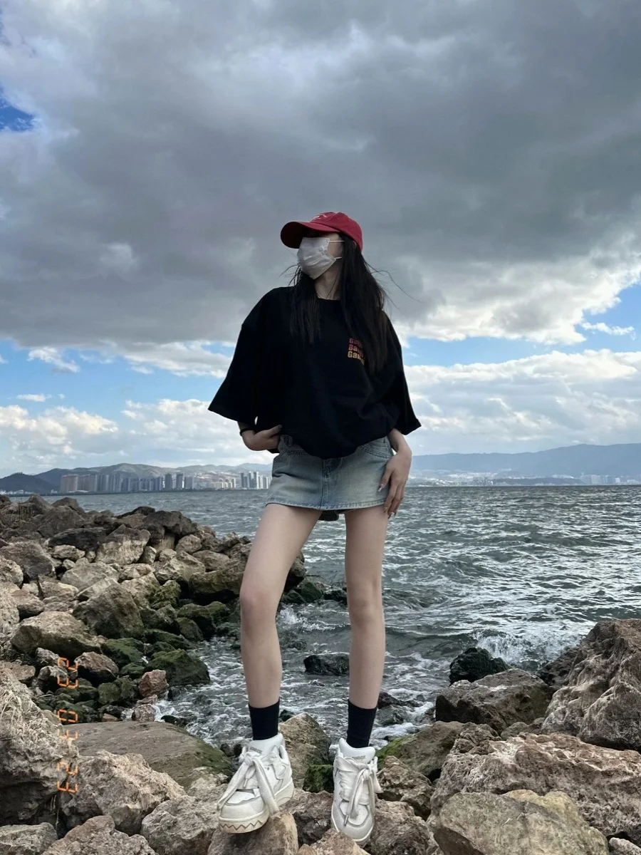 

Джинсовая юбка-шорты А-силуэта с высокой талией для женщин больших размеров, летняя, модная, однотонная, облегающая, в стиле Sweet Sle