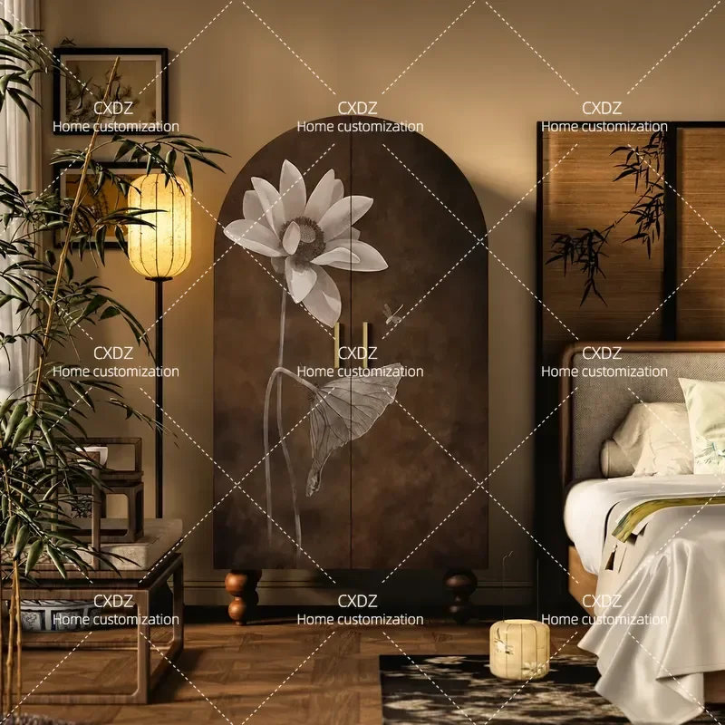 Wabi Sabi Retro Lotus Zen Solid Wood Wardrobe Decorative Locker Cloakroom Storage Cabinet Custom Integrated Side Cabinet