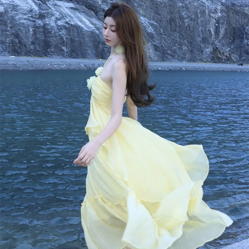 Yellow Tie Front Wrap Dress Jumpsuit Midi Summer Beach Vacation Elegant Backless Ruched Bodycon