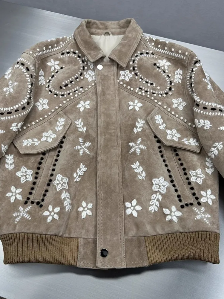 Italian Designer Mens Real Suede Leather Jacket Luxury Handmade Floral Embroidery Bomber Jacket New Loose Fit Party Outwear Coat