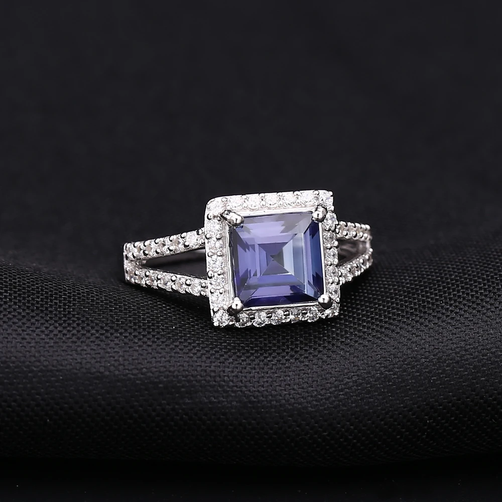 GEM'S BALLET 2.08Ct Square Natural Iolite Blue Mystic Quartz Gemstone Ring 925 Sterling Silver Ring For Women Fine Jewelry