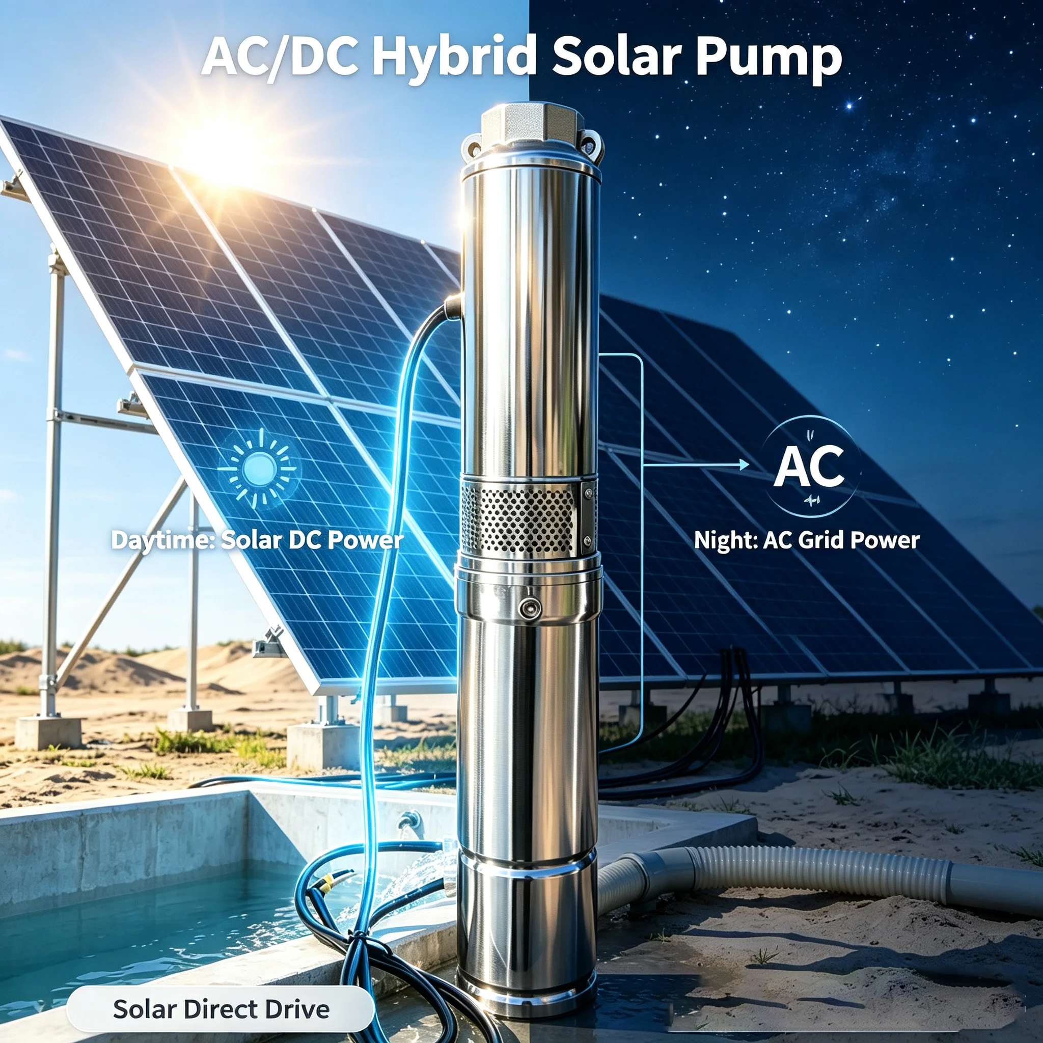 3HP DCAC/Hybrid Solar Bore Well Pump Head 120M 150M Flow Rate Max 7000L Per Hour Solar Submersible Bore Well AC/DC Pump 1.5Inch