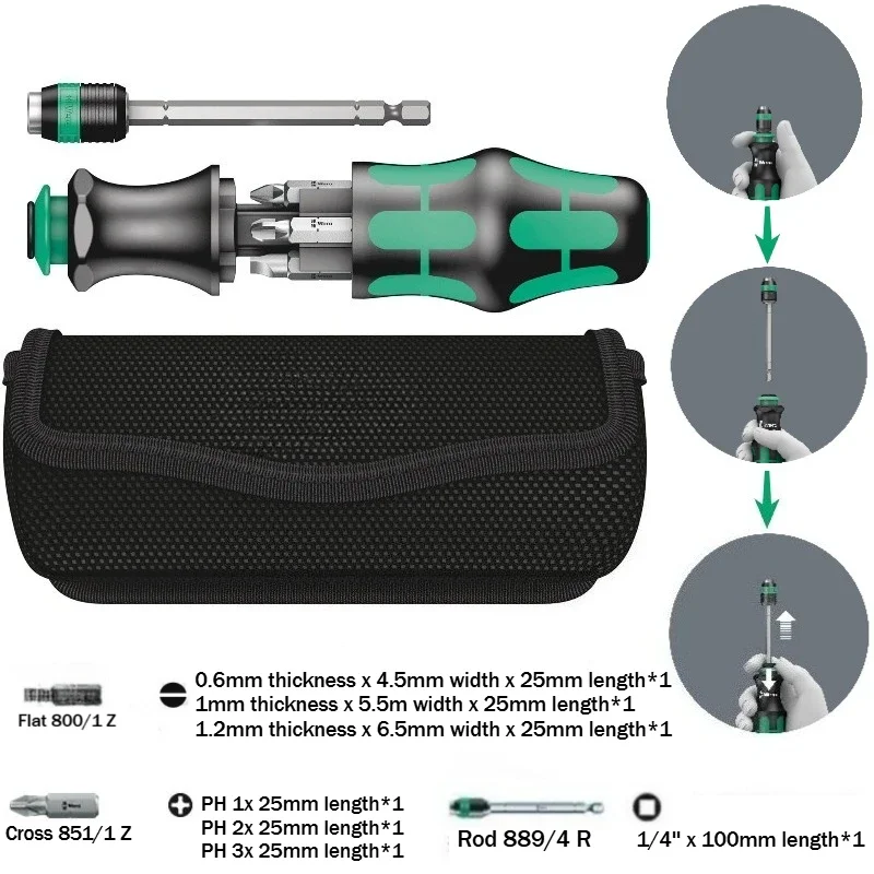 Screwdriver Bit Set with Handle Cross Flat Tool Finder Pouch Set KK25