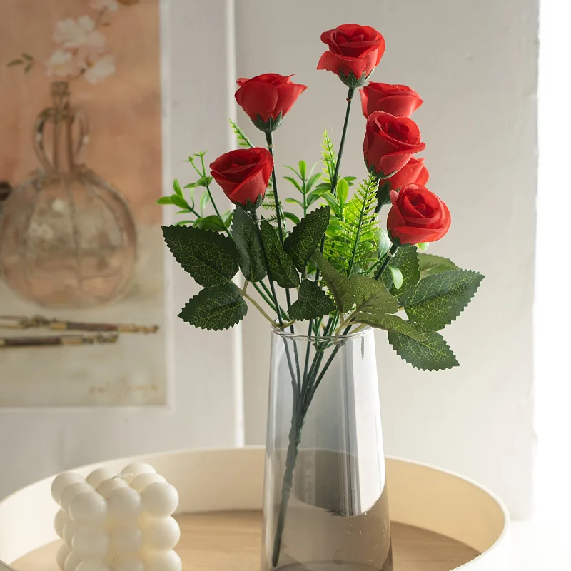 7 Heads Valentine's Day Dainty Rose Lifelike Bouquet Elegant Faux Floral Centerpiece for Wedding Home & Seasonal Decor