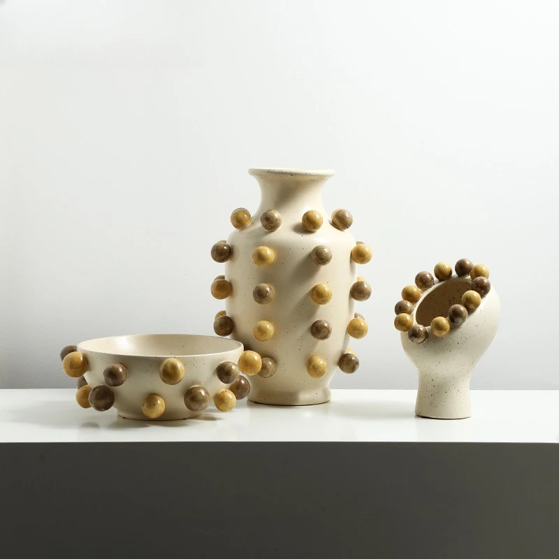 Modern wabi sandy wind abstract hand-painted round bead ceramic vase villa hotel entrance dining table decorative cabinet