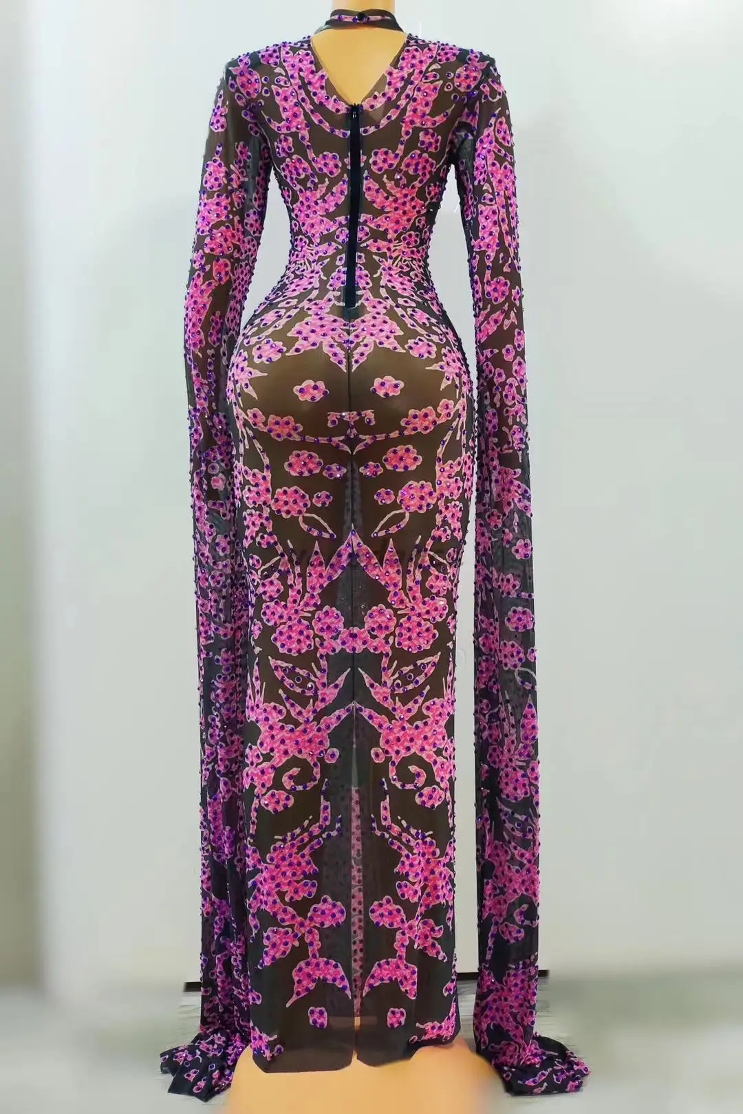 New Prom Party Show Rhinestones Flower Pattern Long Big Sleeves Dress